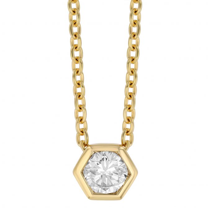 Round Diamond Solitaire Hexagon Pendant in Yellow Gold