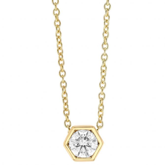 Round Diamond Hexagon Pendant in Yellow Gold, 16", 0.40 cttw