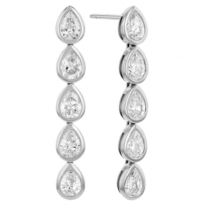 Bezel Set Pear Shaped Diamond Dangle Earrings in White Gold