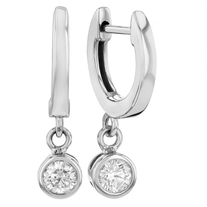 Bezel Set Diamond Dangle Hoop Earrings in White Gold