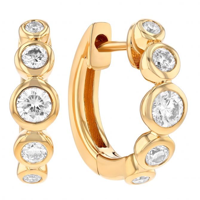 Graduated Bezel Set Diamond Huggie Hoop Earrings in Yellow Gold