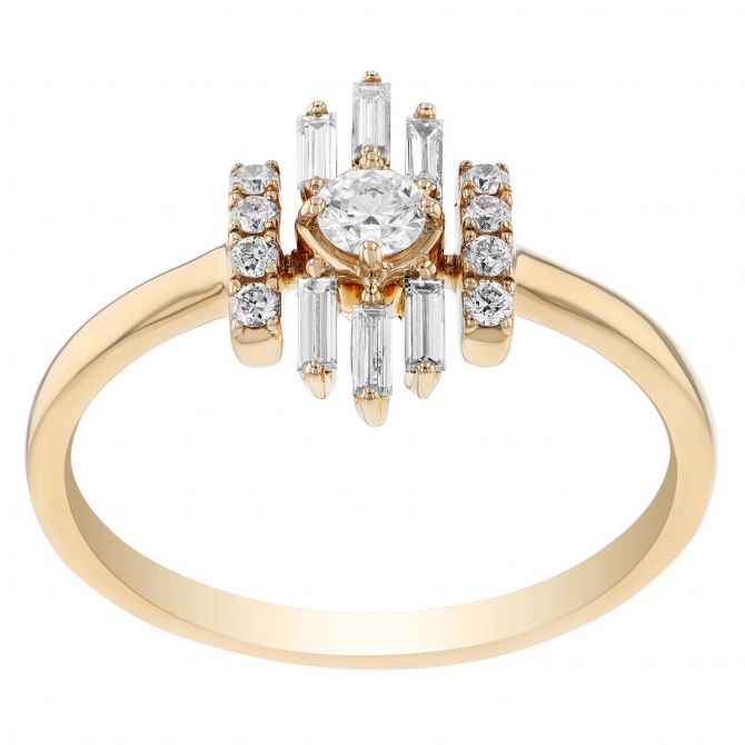 Round & Baguette Diamond Art Deco Ring in Yellow Gold