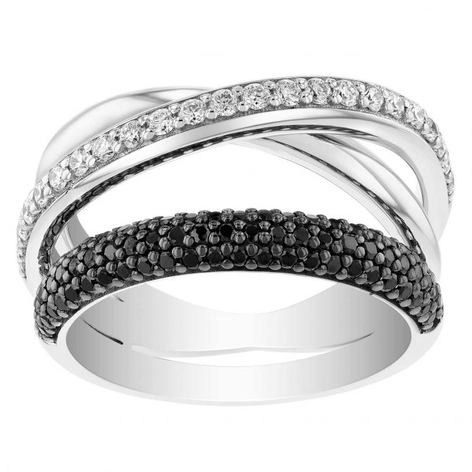 Black & White Diamond Pavé Crossover Ring in White Gold