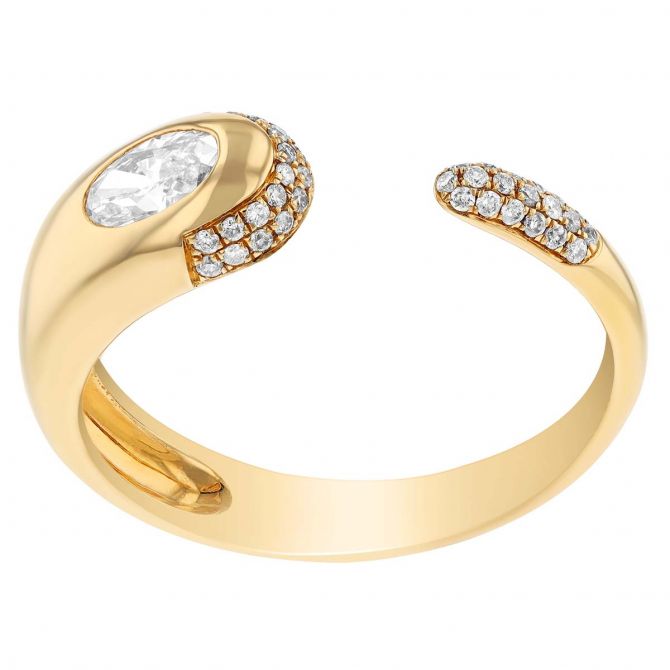 Oval Diamond & Pave Open Ring in Yellow Gold