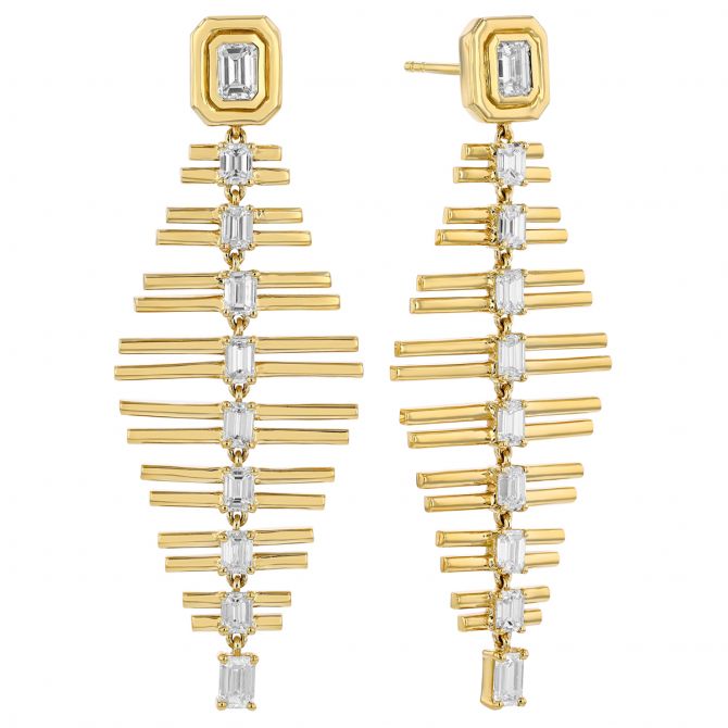 Emerald Cut Diamond Column & Yellow Gold Geometric Dangle Earrings