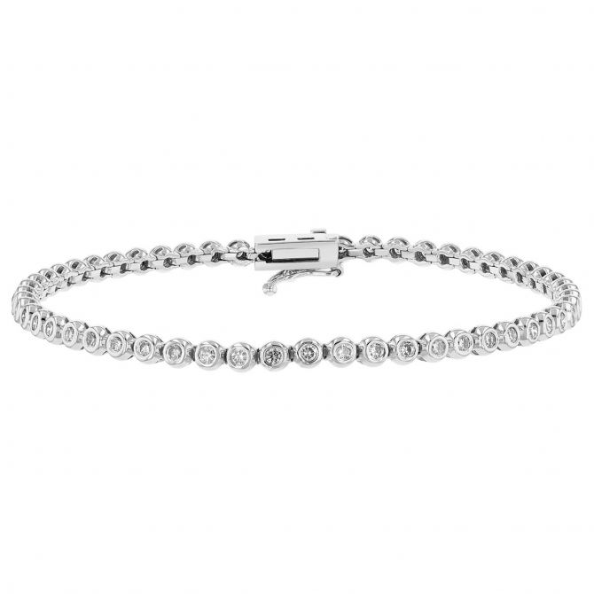 Bezel Set Round Diamond Tennis Bracelet in White Gold, 7", 1.40 aptw