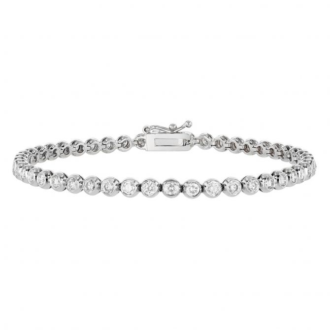 Bezel Set Round Diamond Tennis Bracelet in White Gold, 7", 2.51 aptw