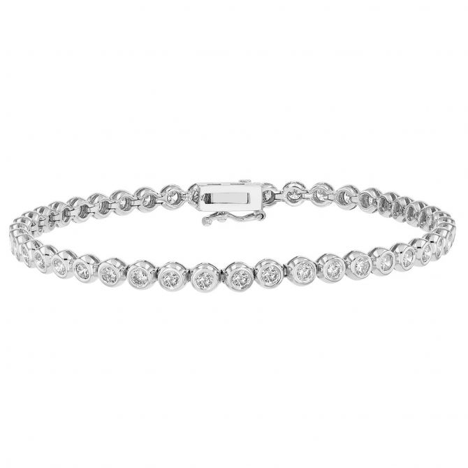 Bezel Set Round Diamond Tennis Bracelet in White Gold, 7", 2.45 aptw