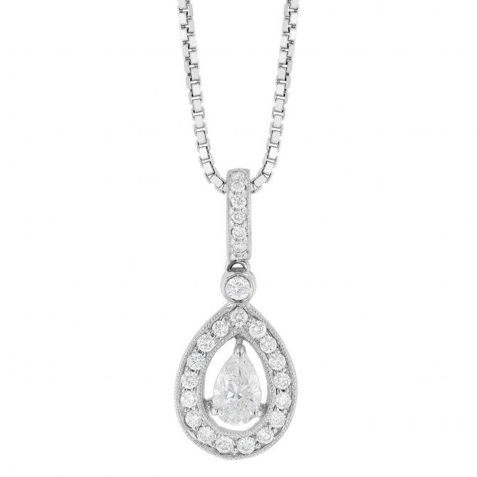 Pear Shaped Diamond & Round Diamond Halo Pendant in White Gold, 18"