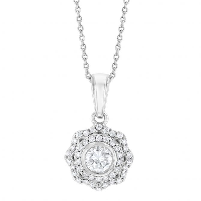 Round Diamond & Double Scalloped Halo Pendant in White Gold, 18"