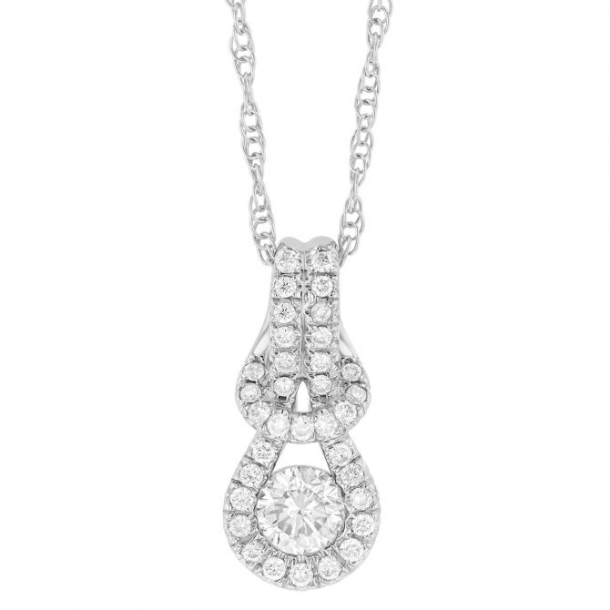 Round Diamond & Looped Halo Pendant in White Gold, 18"