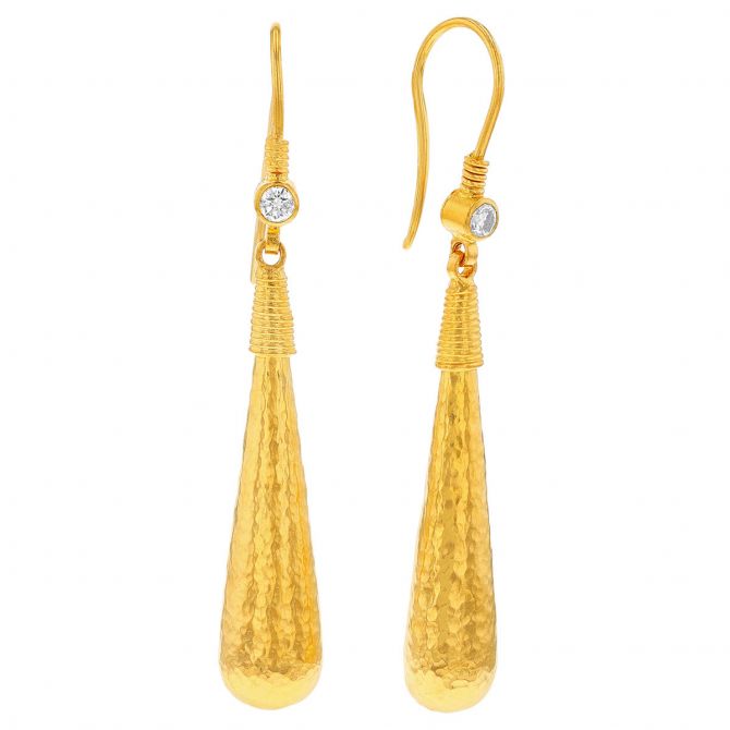 Gurhan Hammered Yellow Gold Teardrop Dangle Earrings with Diamond Accent