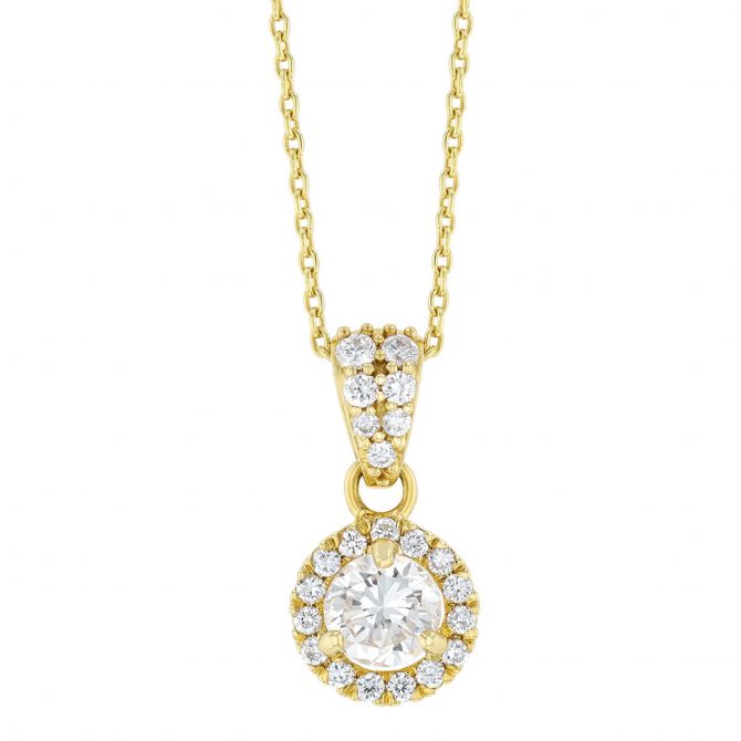 Round Diamond & Halo Pendant with Diamond Bail in Yellow Gold, 18"