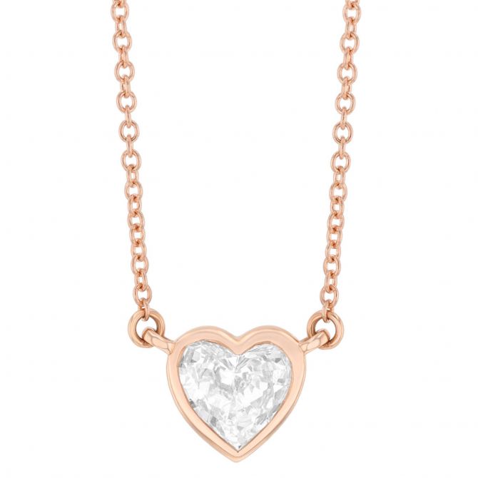 Heart Diamond Solitaire Bezel Set Pendant in Rose Gold, 18"