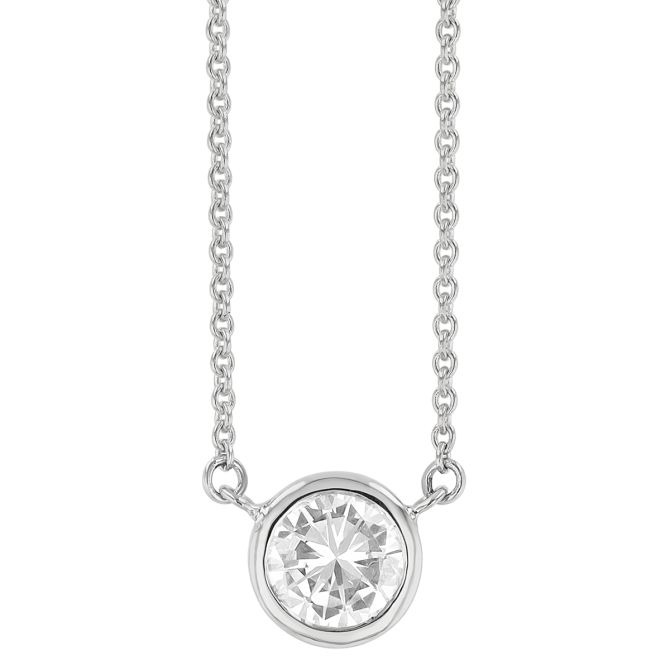 Bezel Set Round Diamond Solitaire Pendant in White Gold, 18", 0.58 ct