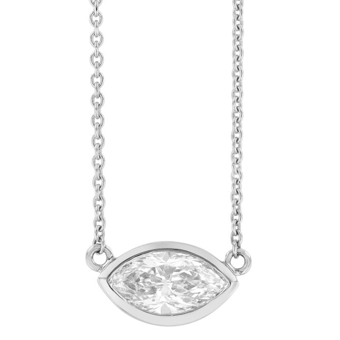 Bezel Set Marquise Diamond Solitaire Pendant in White Gold, 18", 0.53 ct