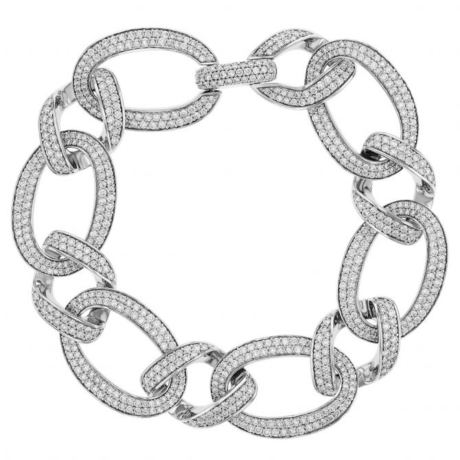 Diamond Pave Oval & Twisted Link Bracelet in White Gold, 7"