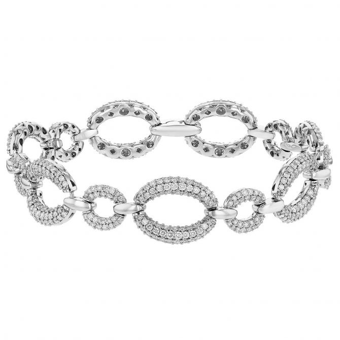 Diamond Pave Alternating Size Oval Link Bracelet in White Gold, 7.5"