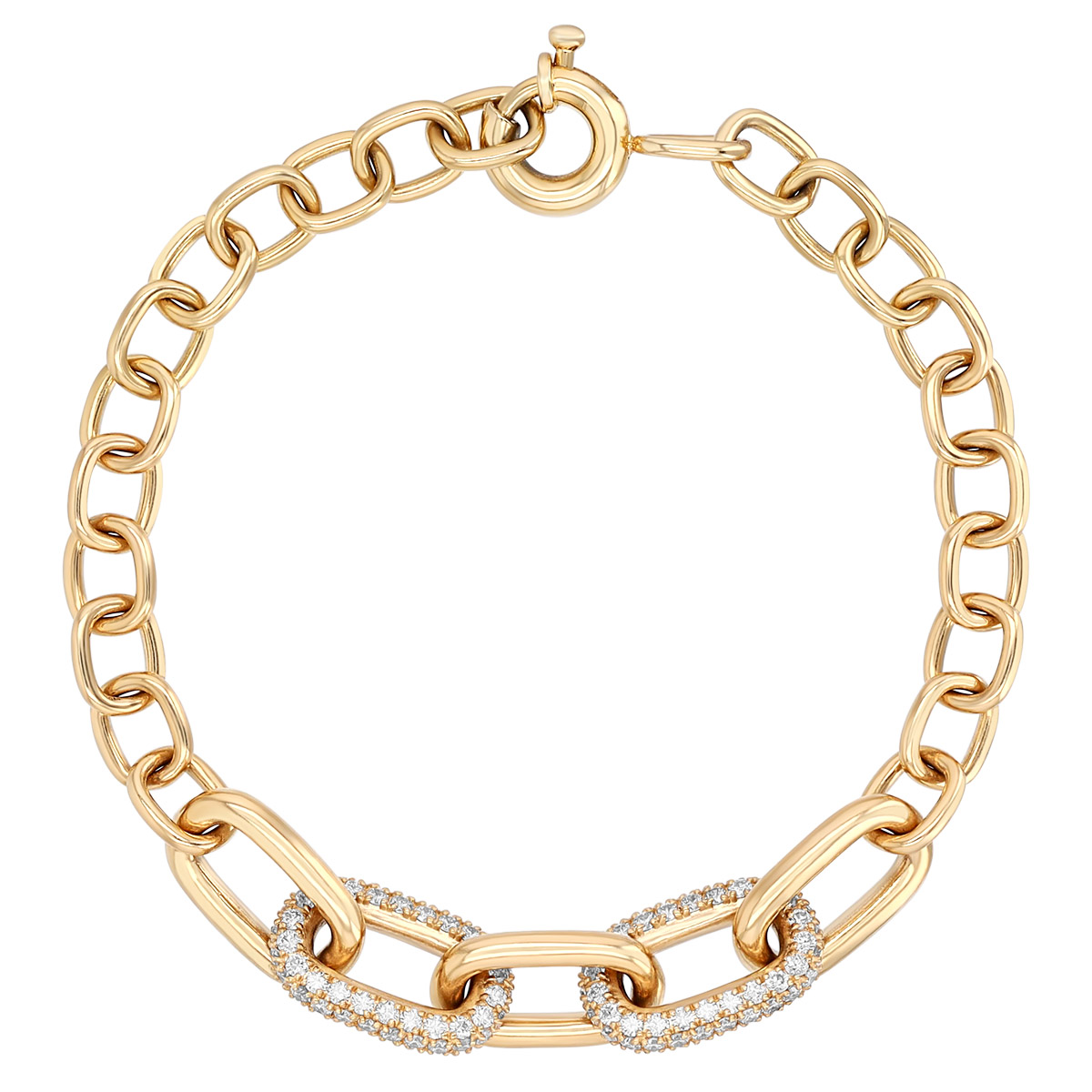 Diamond Pavé Rounded Link Bracelet in Yellow Gold, 7