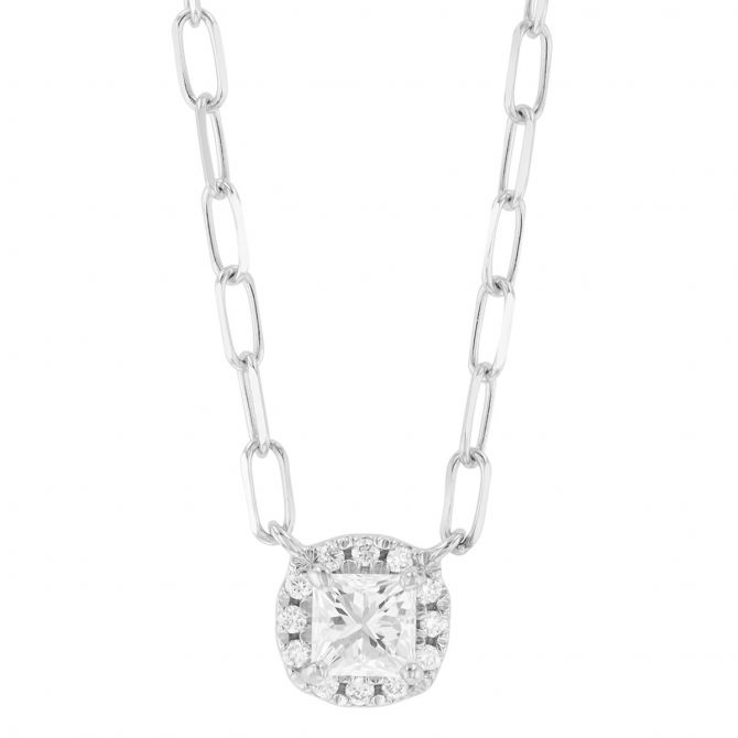 Princess Cut Diamond & Halo Pendant in White Gold, 18", 0.41 cttw