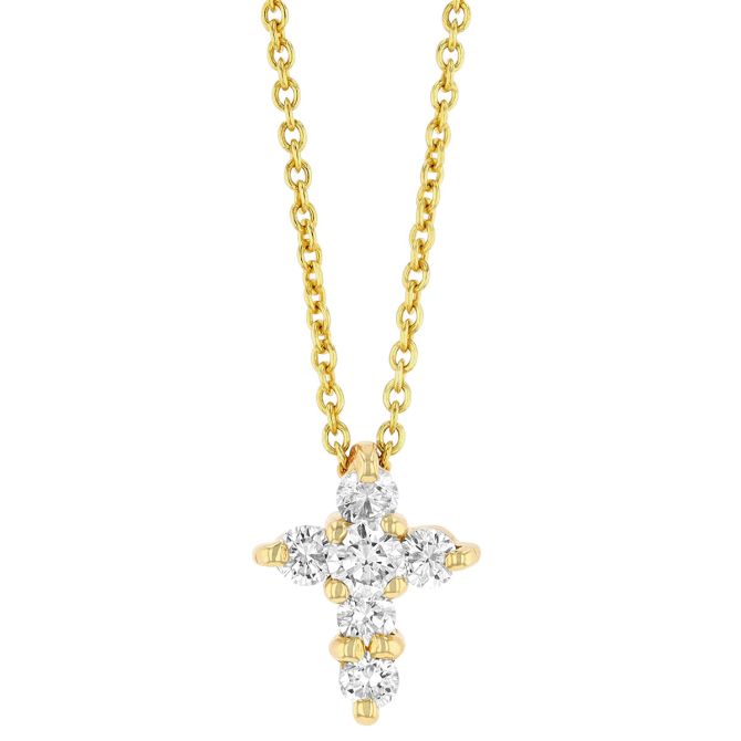 Round Diamond Cross Pendant in Yellow Gold, 16", 0.20 cttw