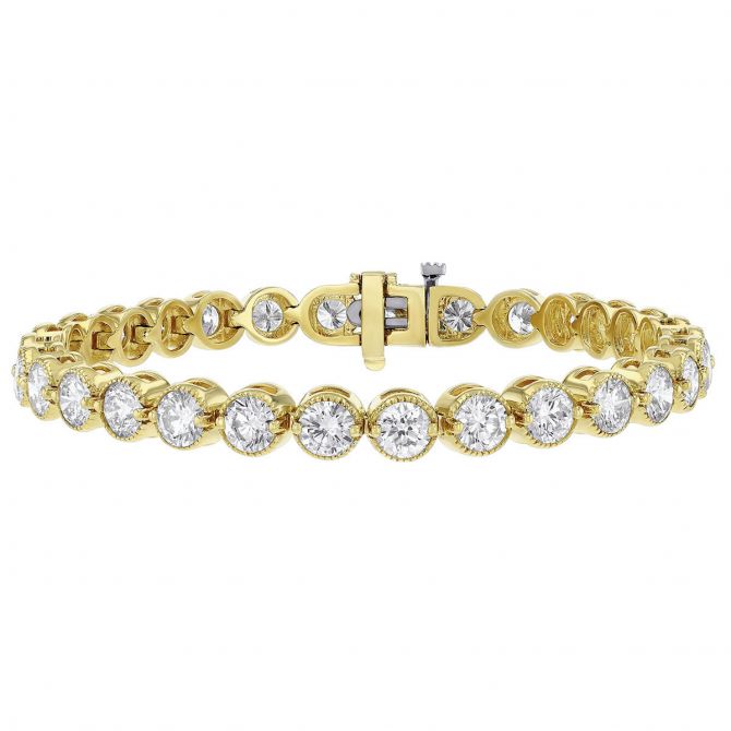 Round Diamond Tennis Bracelet in Yellow Gold, 7", 11.10 cttw