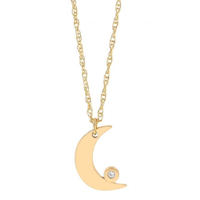 Yellow Gold Crescent Moon Pendant with Diamond Accent, 18"