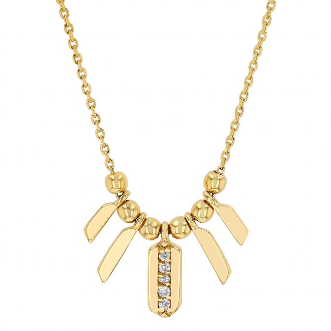 Diamond Column & Bead Necklace in Yellow Gold, 18"