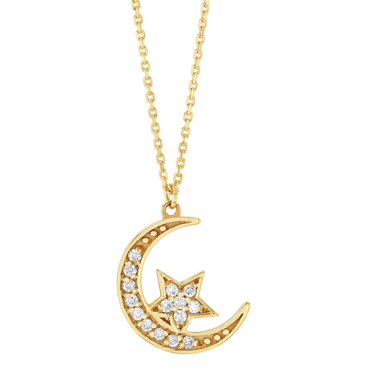 Diamond Pavé Crescent Moon & Star Pendant in Yellow Gold, 18