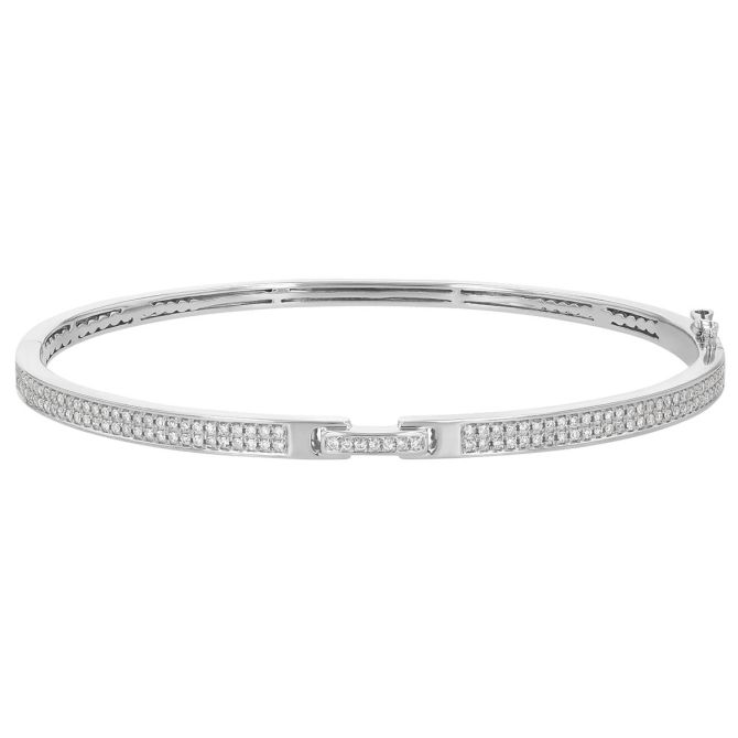 Diamond 2 Row Micro Prong Bangle Bracelet in White Gold