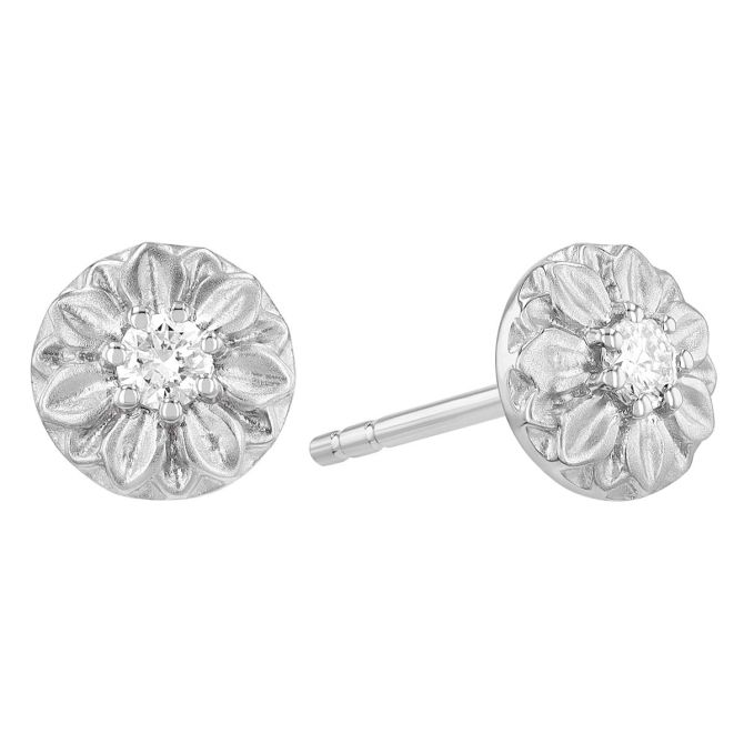 Diamond Flower Circle Stud Earrings in White Gold