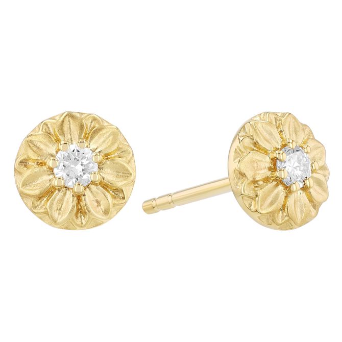 Diamond Flower Circle Stud Earrings in Yellow Gold