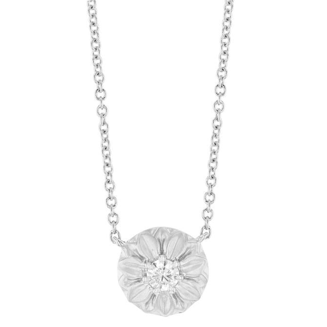 Diamond Flower Disc Necklace in Matte White Gold, 18"