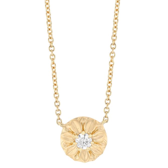 Diamond Flower Disc Necklace in Matte Yellow Gold, 18"