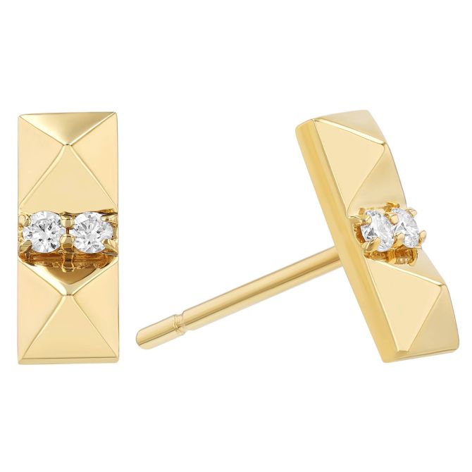 Double Diamond & Pyramid Bar Stud Earrings in Yellow Gold