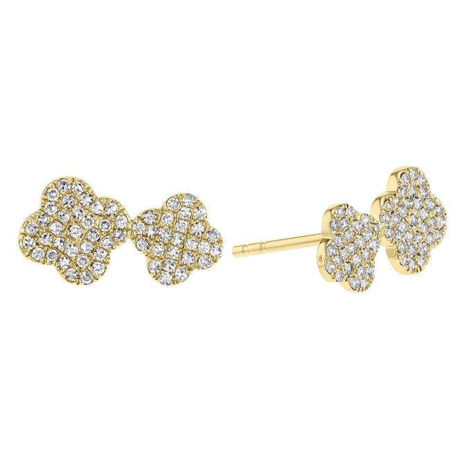 Diamond Pavé Double Clover Stud Earrings in Yellow Gold