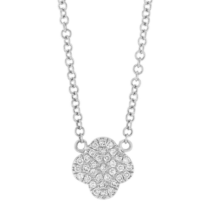 Diamond Pavé Dainty Clover Pendant in White Gold, 18"