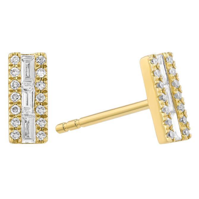 Baguette & Round Diamond Bar Stud Earrings in Yellow Gold