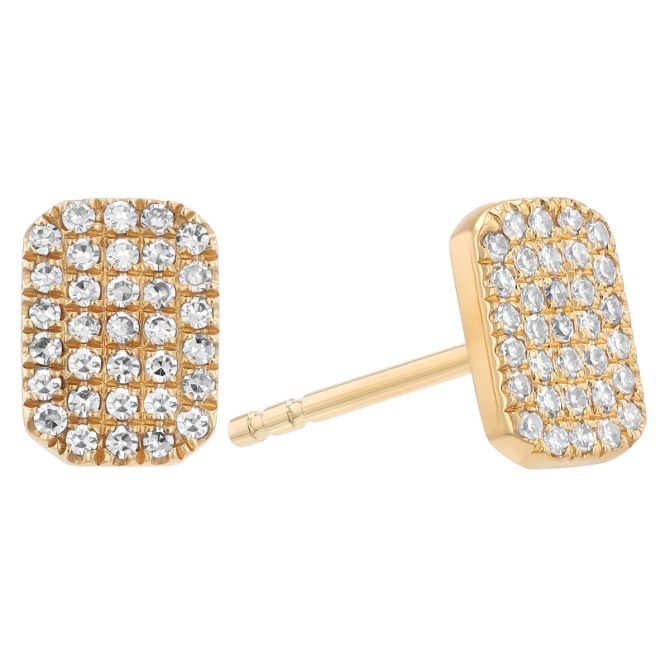 Diamond Pavé Dainty Rectangle Stud Earrings in Yellow Gold