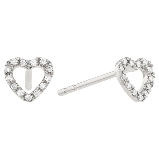 Diamond Open Heart Dainty Stud Earrings in White Gold