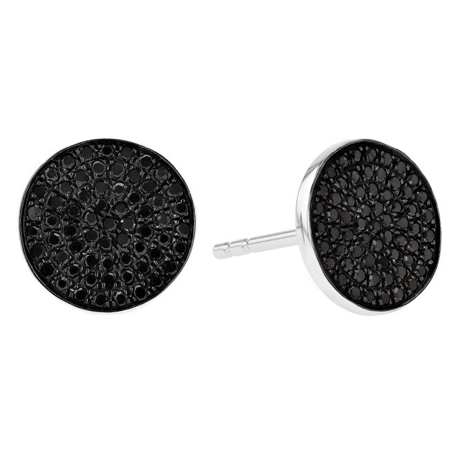 Black Diamond Bezel Round Cluster Earrings in White Gold, Large