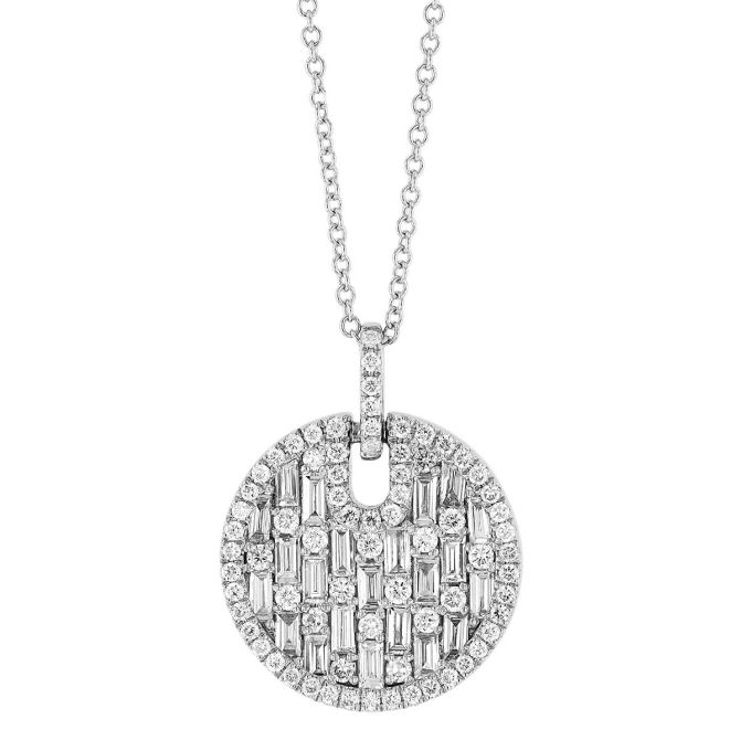 Diamond Mosaic Pave Disc Pendant in White Gold, 18"