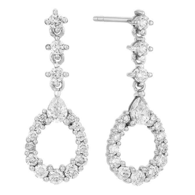 Diamond Open Teardrop Graduated Dangle Earrings in White Gold