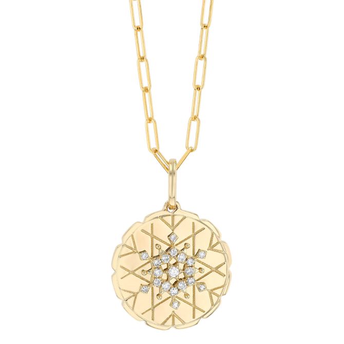 Snowflake Diamond Disc Pendant in Yellow Gold, 18"