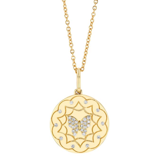 Butterfly & Mandala Diamond Disc Pendant in Yellow Gold, 18"