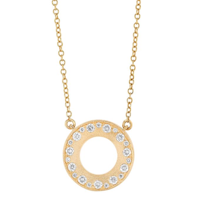 Open Circle Diamond Necklace in Matte Yellow Gold, 18"