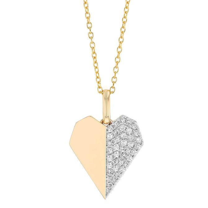 Diamond Pave & Half Yellow Gold Geometric Heart Pendant, 18"