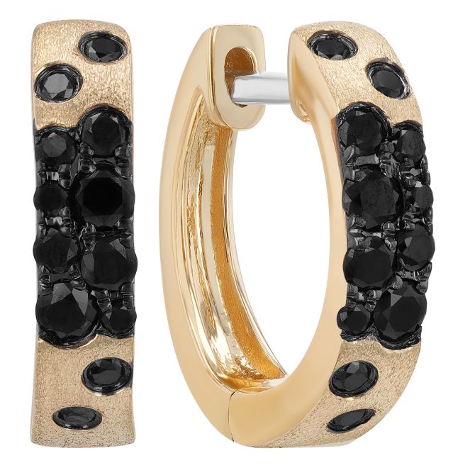 Black Diamond Scatter Huggie Hoop Earrings in Matte Yellow Gold