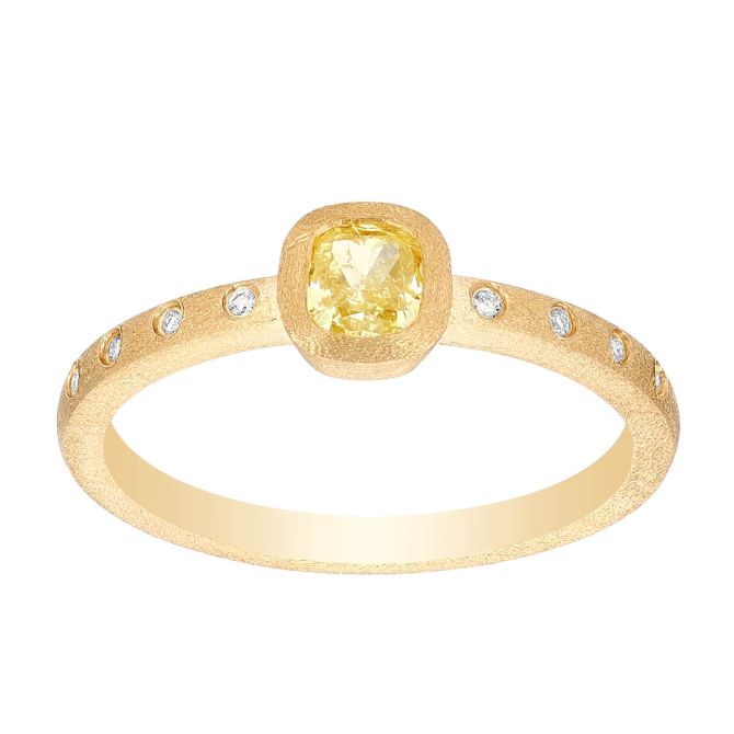 Yellow Cushion Diamond Bezel Set Ring in Matte Yellow Gold