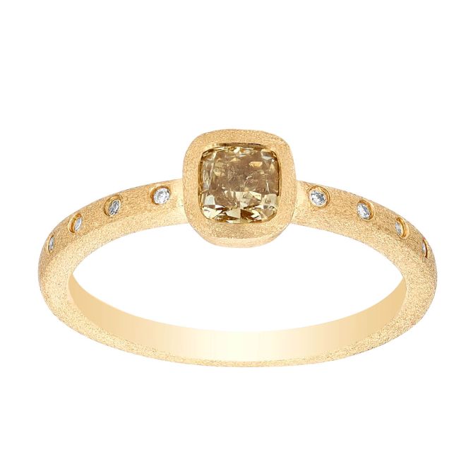 Dark Yellow Cushion Diamond Bezel Set Ring in Matte Yellow Gold